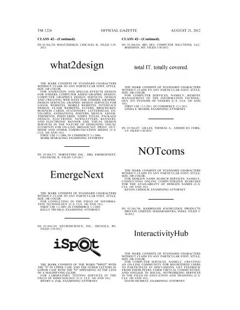 MARKS PUBLISHED FOR OPPOSITION - United States Patent and ...