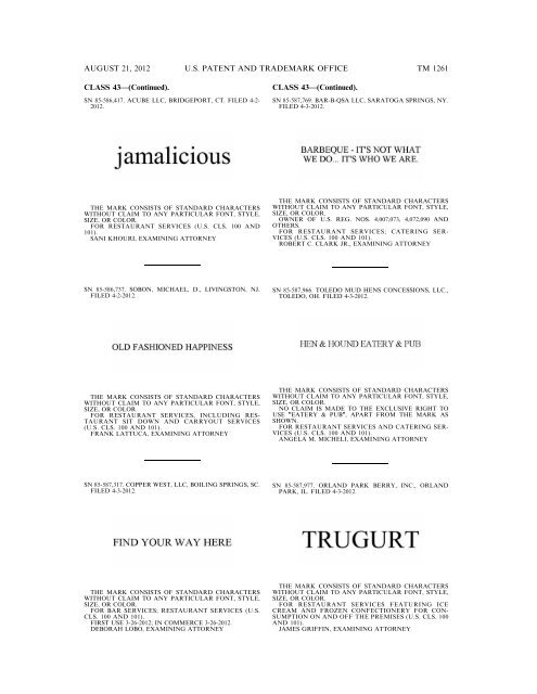 MARKS PUBLISHED FOR OPPOSITION - United States Patent and ...