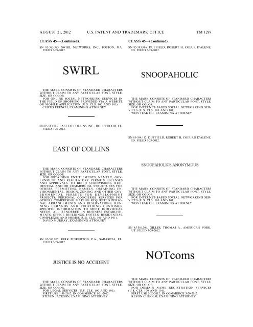 MARKS PUBLISHED FOR OPPOSITION - United States Patent and ...