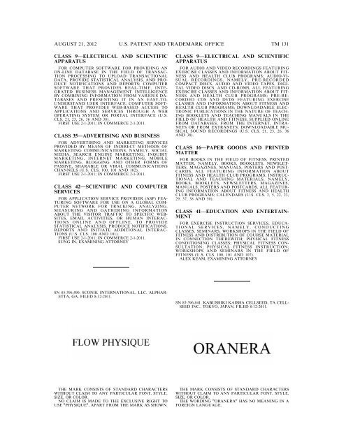 MARKS PUBLISHED FOR OPPOSITION - United States Patent and ...