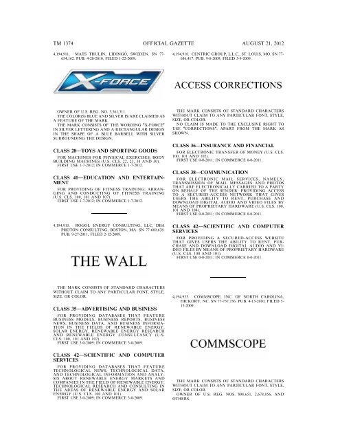 MARKS PUBLISHED FOR OPPOSITION - United States Patent and ...