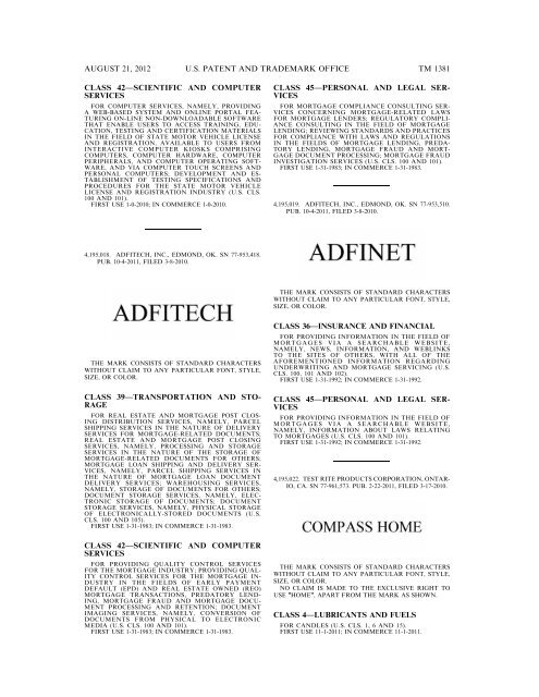 MARKS PUBLISHED FOR OPPOSITION - United States Patent and ...