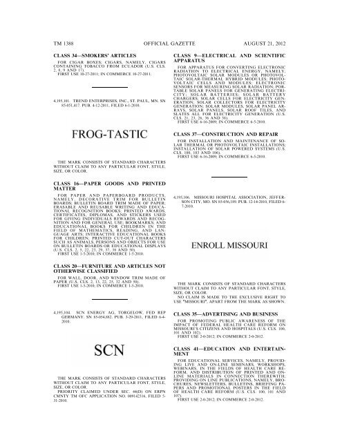 MARKS PUBLISHED FOR OPPOSITION - United States Patent and ...