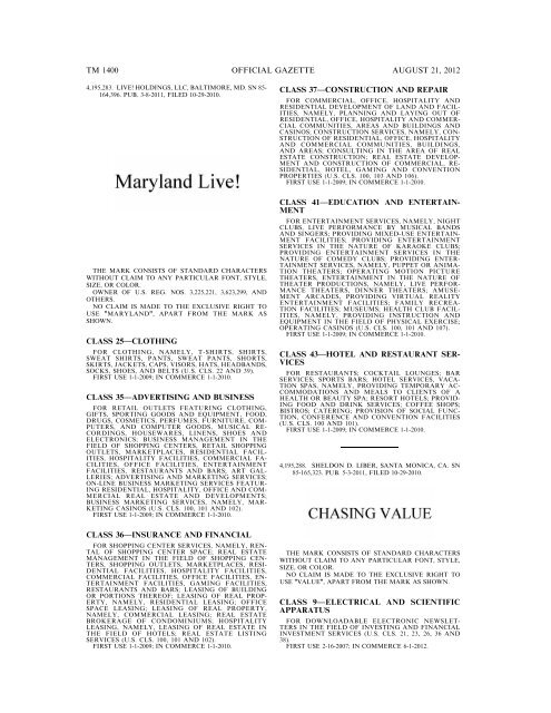 MARKS PUBLISHED FOR OPPOSITION - United States Patent and ...