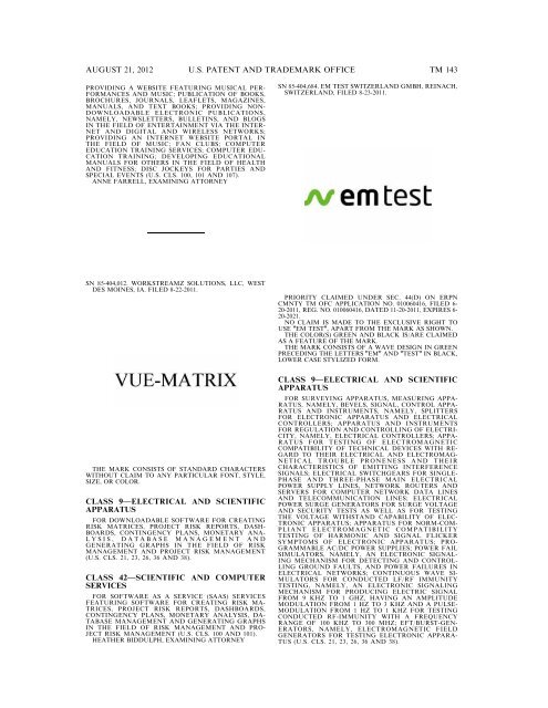 MARKS PUBLISHED FOR OPPOSITION - United States Patent and ...