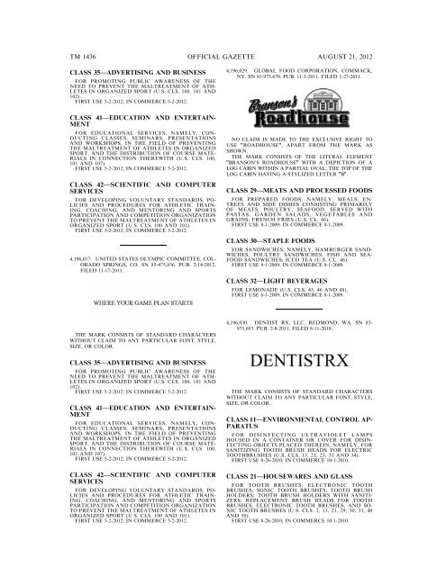 MARKS PUBLISHED FOR OPPOSITION - United States Patent and ...