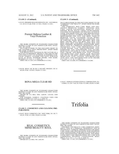 MARKS PUBLISHED FOR OPPOSITION - United States Patent and ...