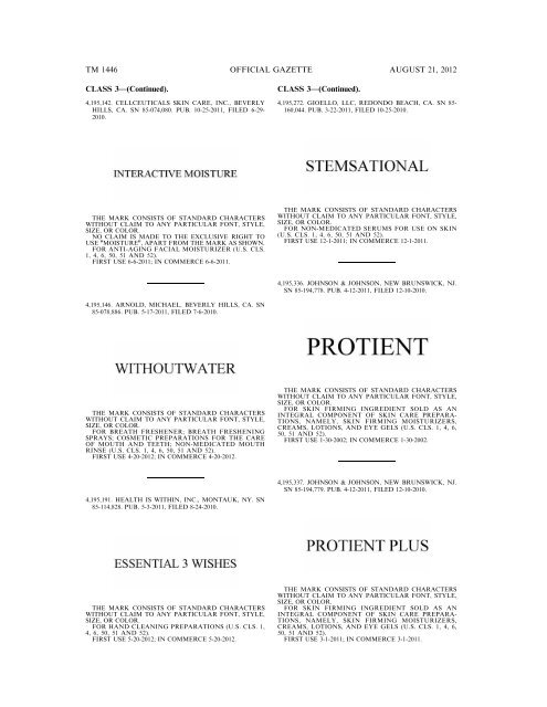 MARKS PUBLISHED FOR OPPOSITION - United States Patent and ...