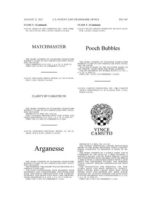 MARKS PUBLISHED FOR OPPOSITION - United States Patent and ...