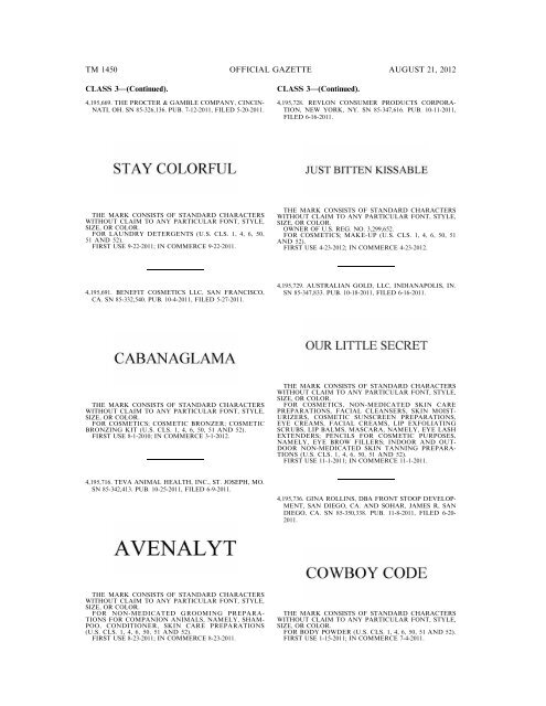 MARKS PUBLISHED FOR OPPOSITION - United States Patent and ...