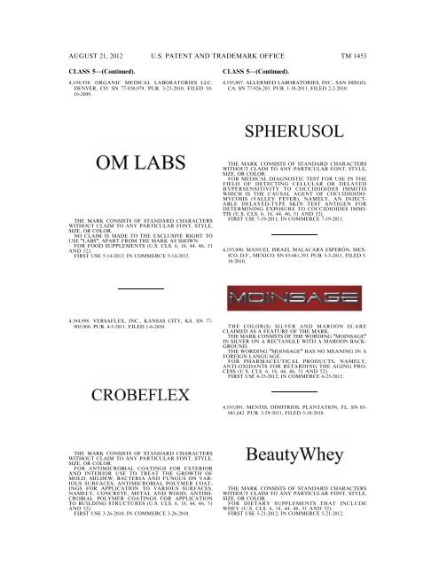 MARKS PUBLISHED FOR OPPOSITION - United States Patent and ...