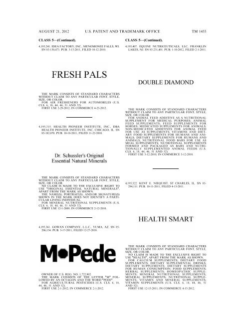 MARKS PUBLISHED FOR OPPOSITION - United States Patent and ...