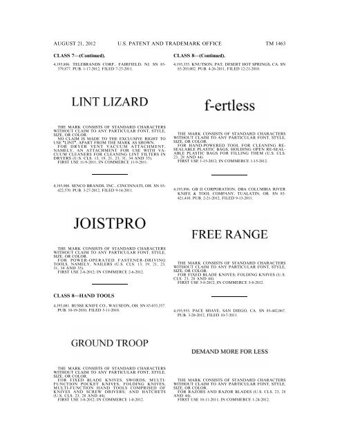 MARKS PUBLISHED FOR OPPOSITION - United States Patent and ...