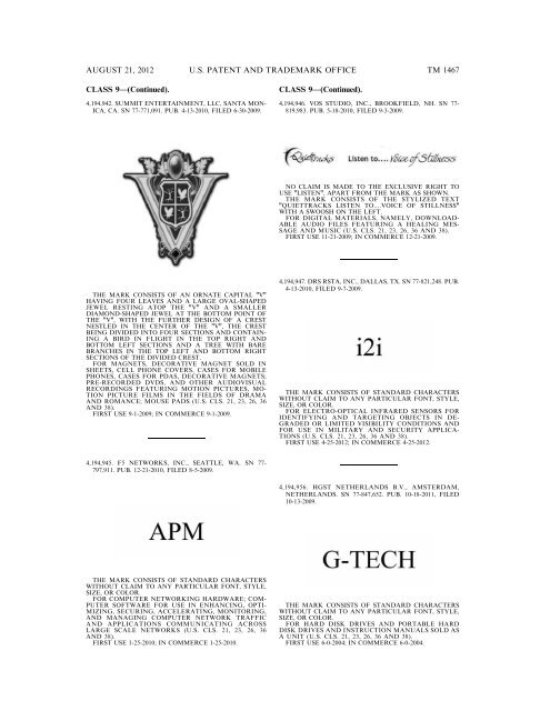 MARKS PUBLISHED FOR OPPOSITION - United States Patent and ...