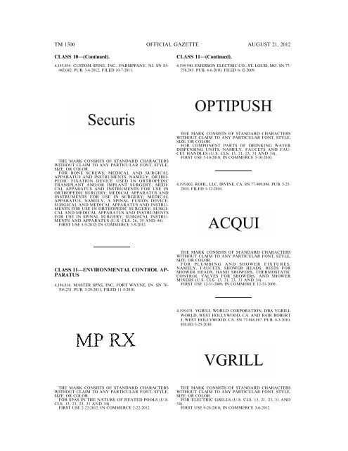 MARKS PUBLISHED FOR OPPOSITION - United States Patent and ...