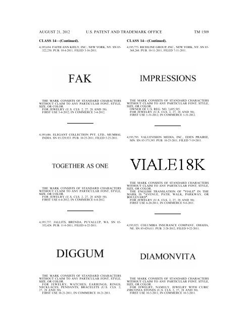 MARKS PUBLISHED FOR OPPOSITION - United States Patent and ...