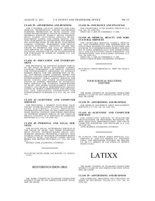 MARKS PUBLISHED FOR OPPOSITION - United States Patent and ...