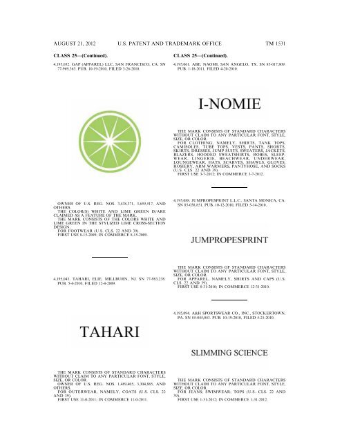 MARKS PUBLISHED FOR OPPOSITION - United States Patent and ...