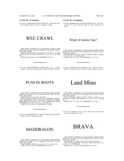 MARKS PUBLISHED FOR OPPOSITION - United States Patent and ...