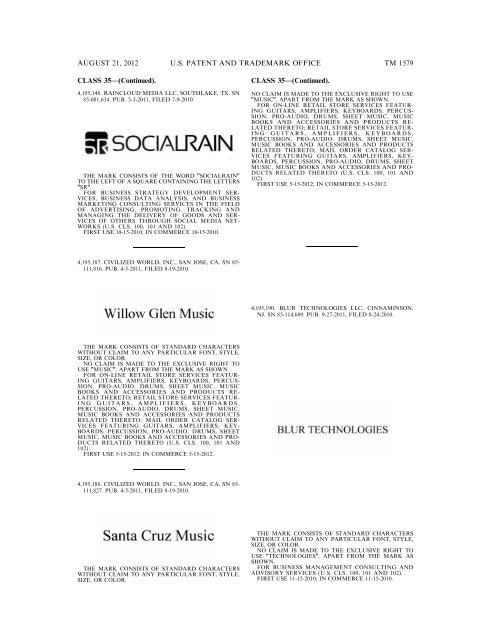 MARKS PUBLISHED FOR OPPOSITION - United States Patent and ...