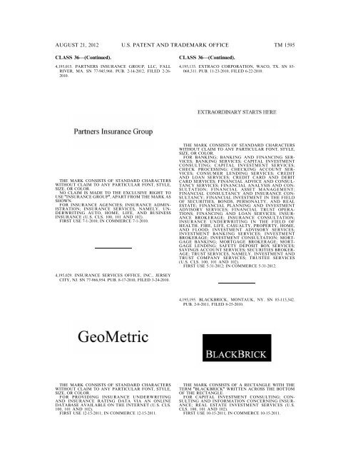 MARKS PUBLISHED FOR OPPOSITION - United States Patent and ...