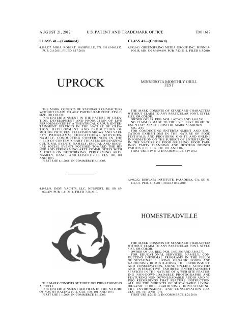 MARKS PUBLISHED FOR OPPOSITION - United States Patent and ...