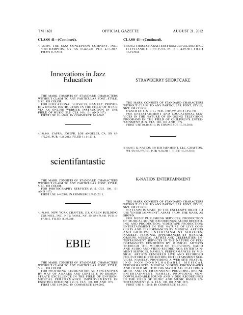 MARKS PUBLISHED FOR OPPOSITION - United States Patent and ...