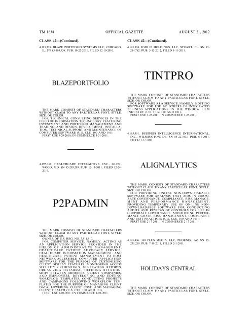 MARKS PUBLISHED FOR OPPOSITION - United States Patent and ...