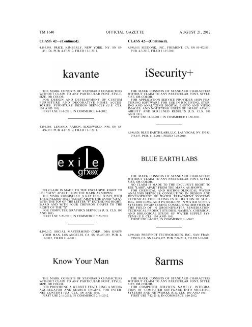 MARKS PUBLISHED FOR OPPOSITION - United States Patent and ...