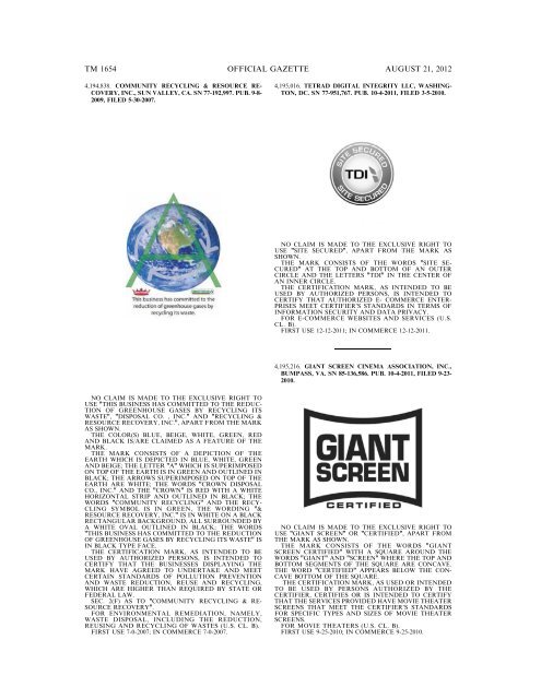 MARKS PUBLISHED FOR OPPOSITION - United States Patent and ...