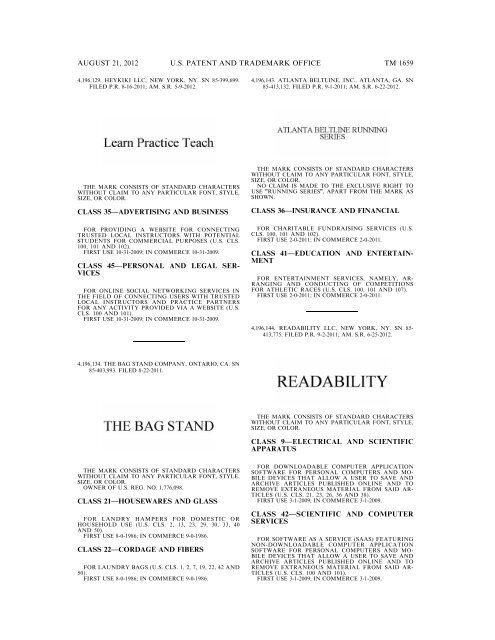 MARKS PUBLISHED FOR OPPOSITION - United States Patent and ...