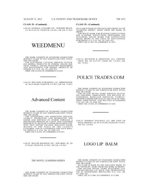 MARKS PUBLISHED FOR OPPOSITION - United States Patent and ...