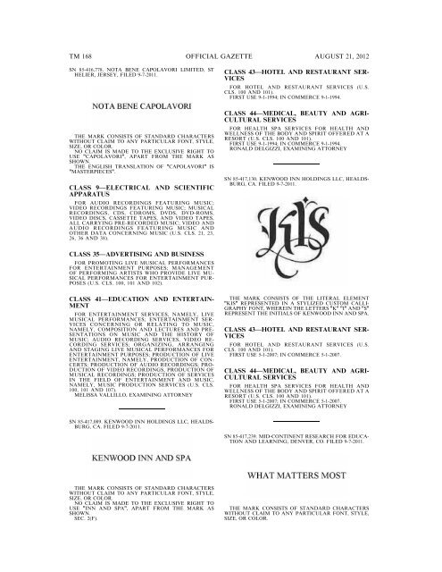 MARKS PUBLISHED FOR OPPOSITION - United States Patent and ...