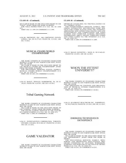 MARKS PUBLISHED FOR OPPOSITION - United States Patent and ...