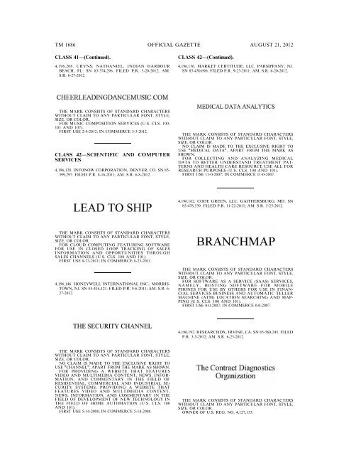 MARKS PUBLISHED FOR OPPOSITION - United States Patent and ...