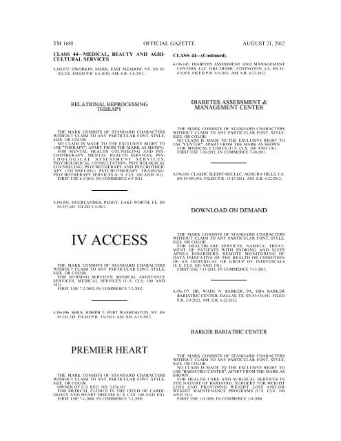 MARKS PUBLISHED FOR OPPOSITION - United States Patent and ...