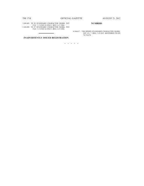 MARKS PUBLISHED FOR OPPOSITION - United States Patent and ...