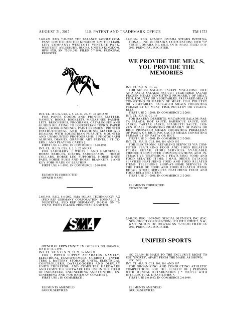 MARKS PUBLISHED FOR OPPOSITION - United States Patent and ...