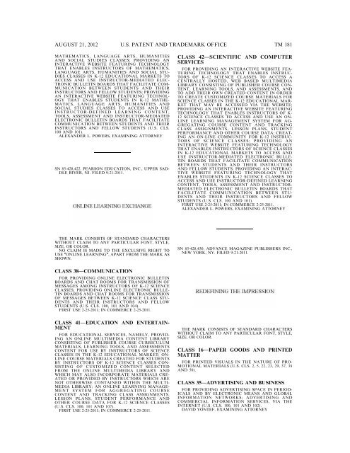 MARKS PUBLISHED FOR OPPOSITION - United States Patent and ...