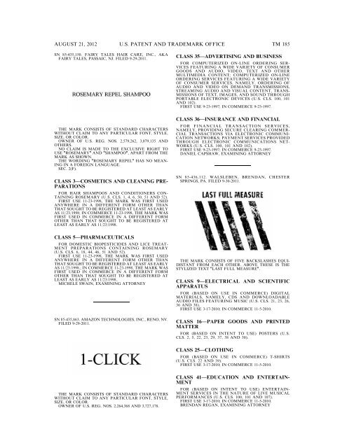 MARKS PUBLISHED FOR OPPOSITION - United States Patent and ...