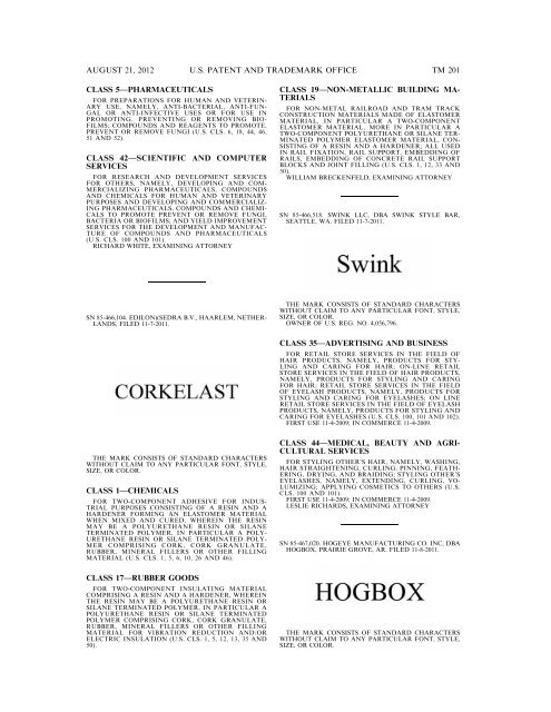 MARKS PUBLISHED FOR OPPOSITION - United States Patent and ...