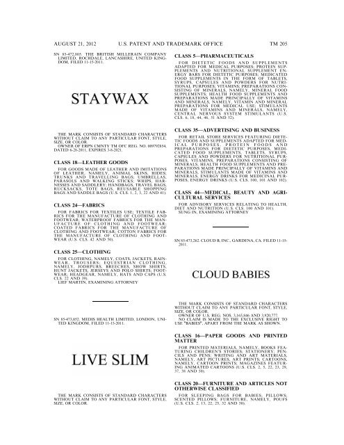 MARKS PUBLISHED FOR OPPOSITION - United States Patent and ...