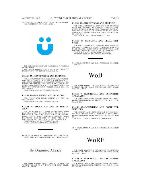 MARKS PUBLISHED FOR OPPOSITION - United States Patent and ...