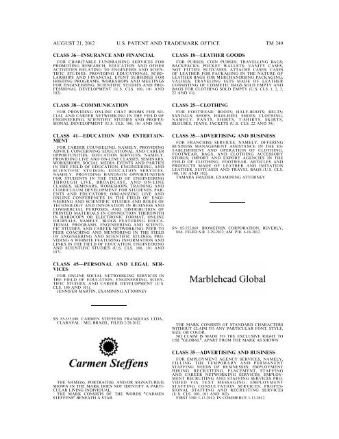 MARKS PUBLISHED FOR OPPOSITION - United States Patent and ...