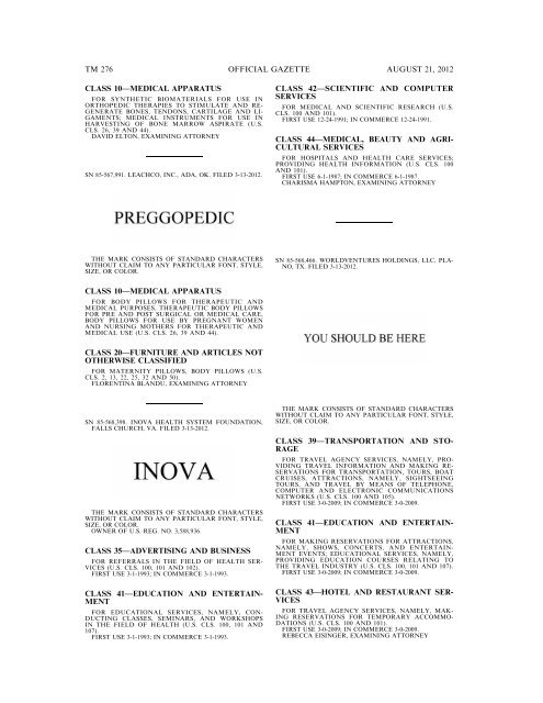 MARKS PUBLISHED FOR OPPOSITION - United States Patent and ...