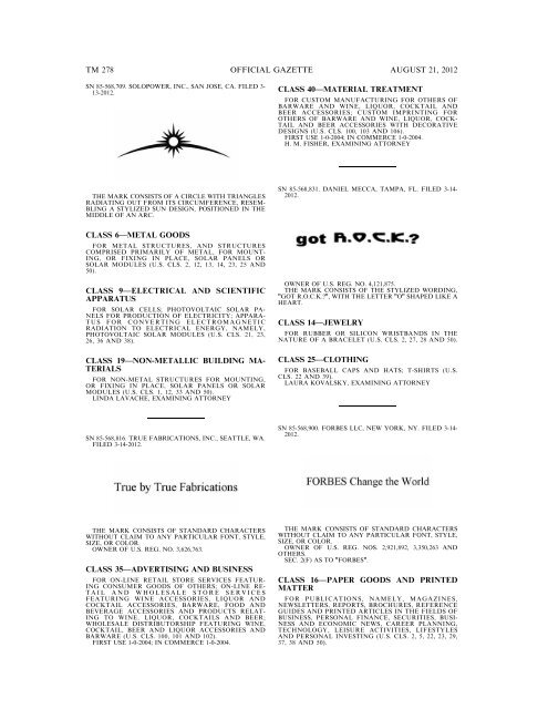 MARKS PUBLISHED FOR OPPOSITION - United States Patent and ...