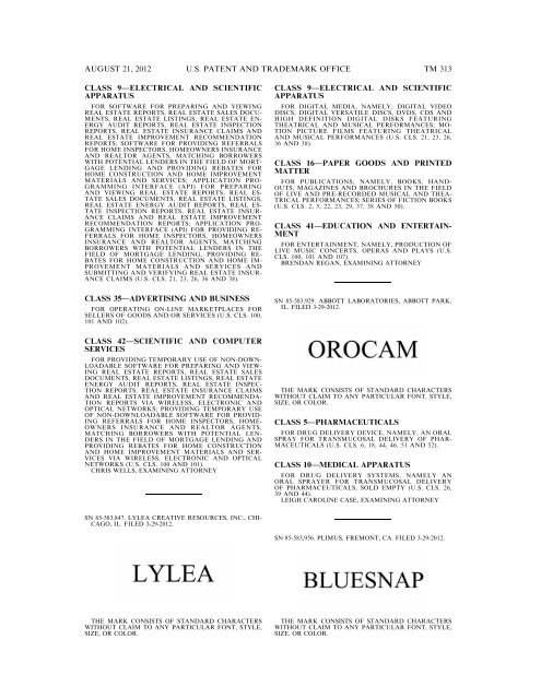 MARKS PUBLISHED FOR OPPOSITION - United States Patent and ...