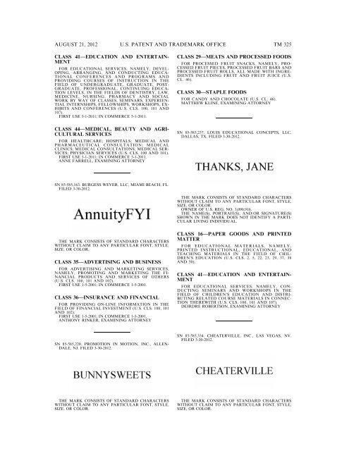 MARKS PUBLISHED FOR OPPOSITION - United States Patent and ...