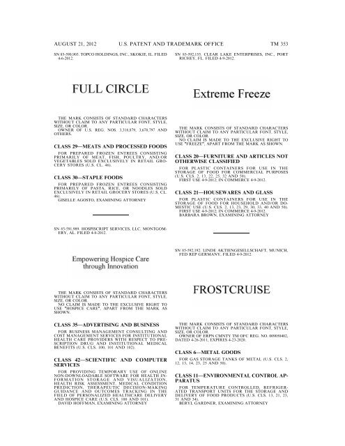 MARKS PUBLISHED FOR OPPOSITION - United States Patent and ...