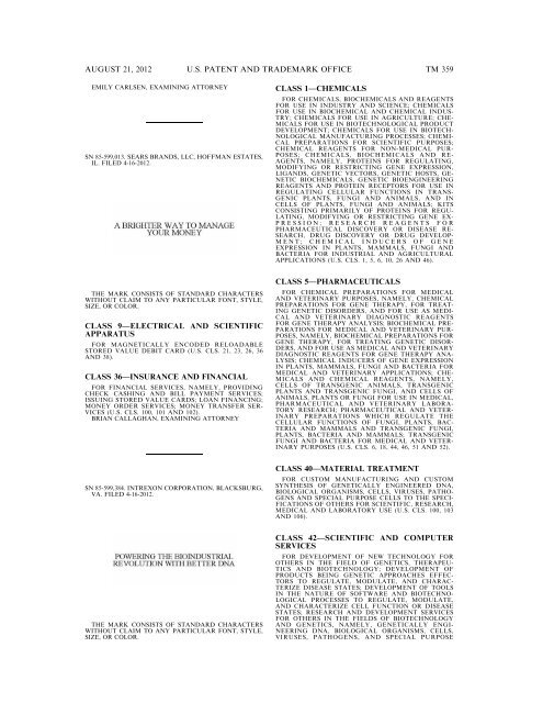 MARKS PUBLISHED FOR OPPOSITION - United States Patent and ...